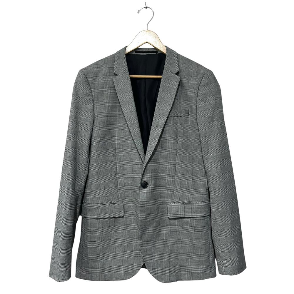 H&M Men’s Checked Jacket Skinny Fit Plaid Blazer 36R Gray Black 1-Button